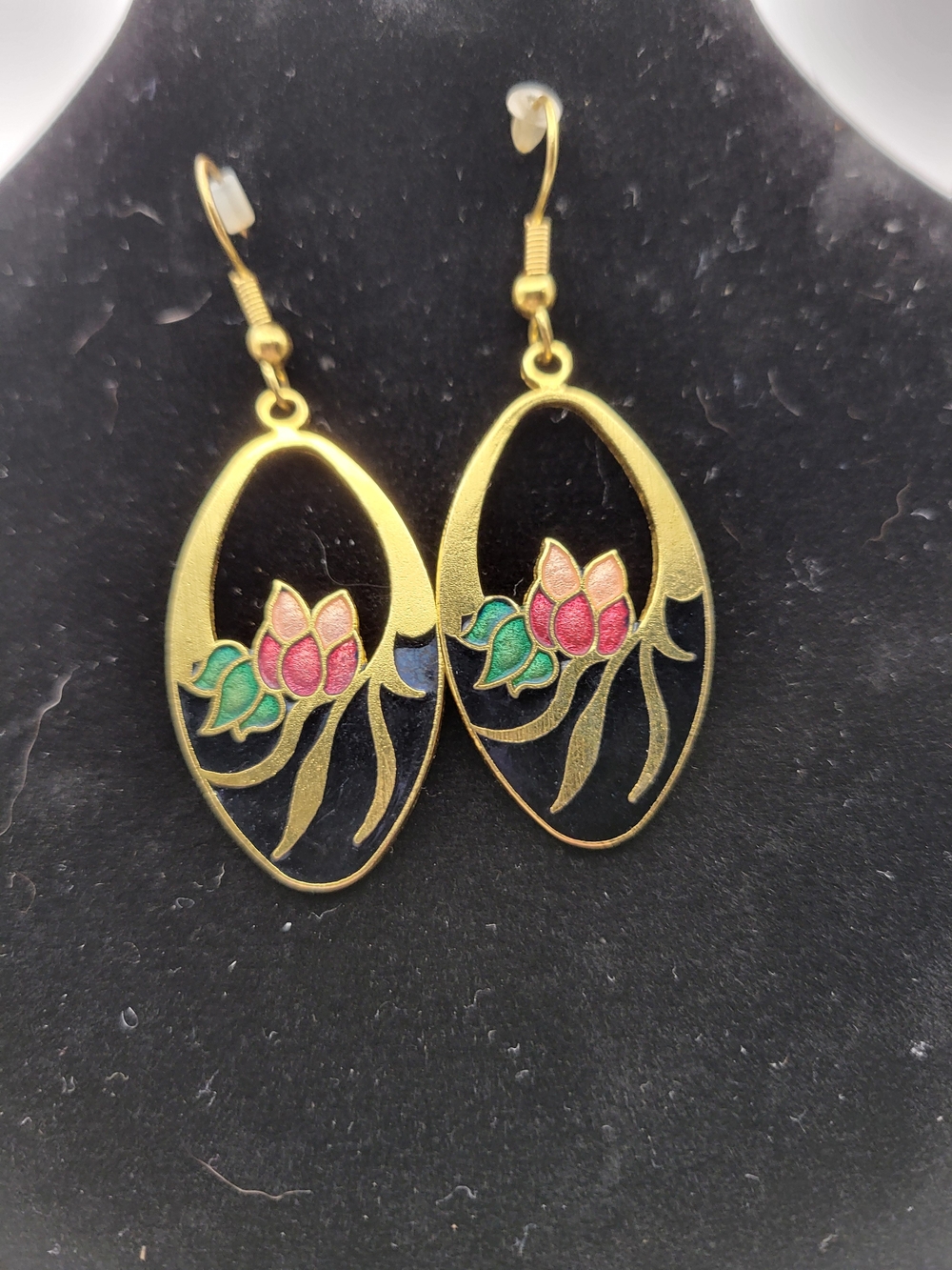 Gold-tone Floral Enamel Dangle Earrings - Pink & Green, Cloisonne